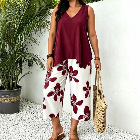 Damskie Zestawy 2-częściowe Plus Size Bez rękawów Dekolt V Top na ramiączkach i Spodnie Cropped w kwiaty Zestaw Letnie Stroje do wypoczynku
