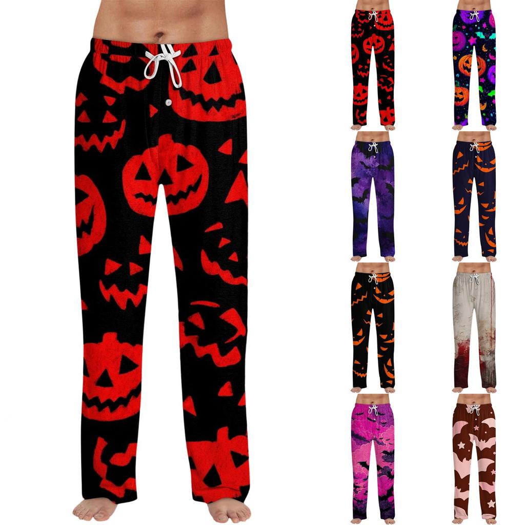 Mens Halloween Printed Drawstring Lounge Pants Casual Relaxed Fit Sleepwear Trousers with Pumpkin Pattern Design