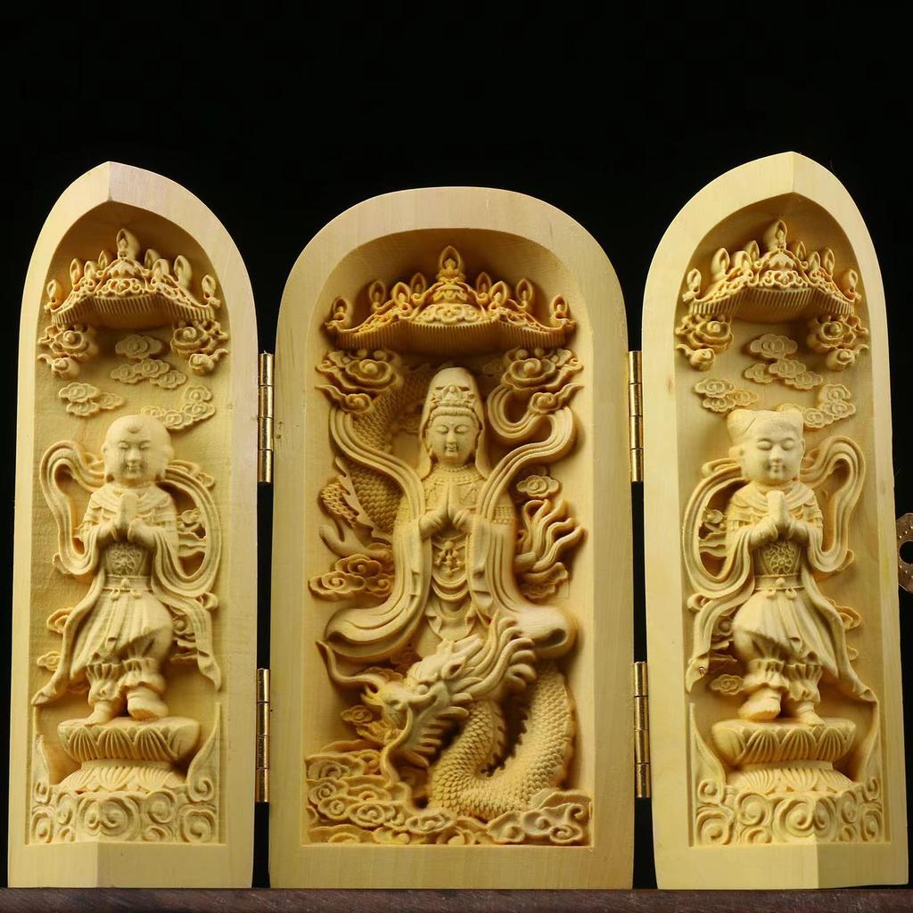 Folding Box Buddha Statue Ornament Guanyin Sculptures, Collapsible Sculpture God of Wealth Crafts Office Home Bedroom Decoration