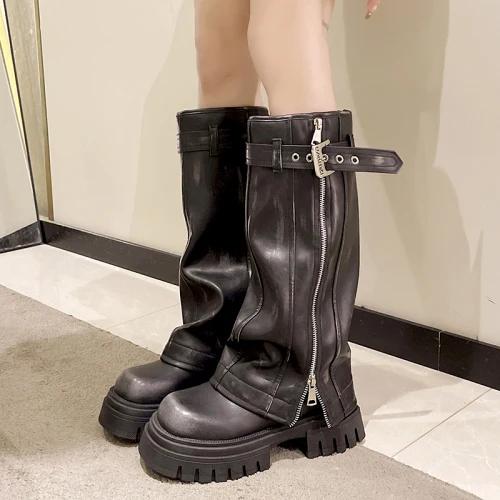 Западные ковбойские высокие сапоги Женские осенне-зимние новые на толстой подошве водонепроницаемые до колена облегающие сапоги Женские ботильоны 35 чёрный 7284₽