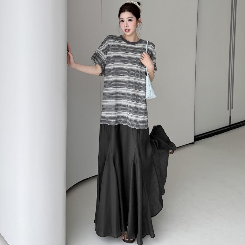DIMANAF 2026 Summer New Plus Size Women Long Dress Striped Cotton V-Neck Short Sleeve Lady Shirts Dress