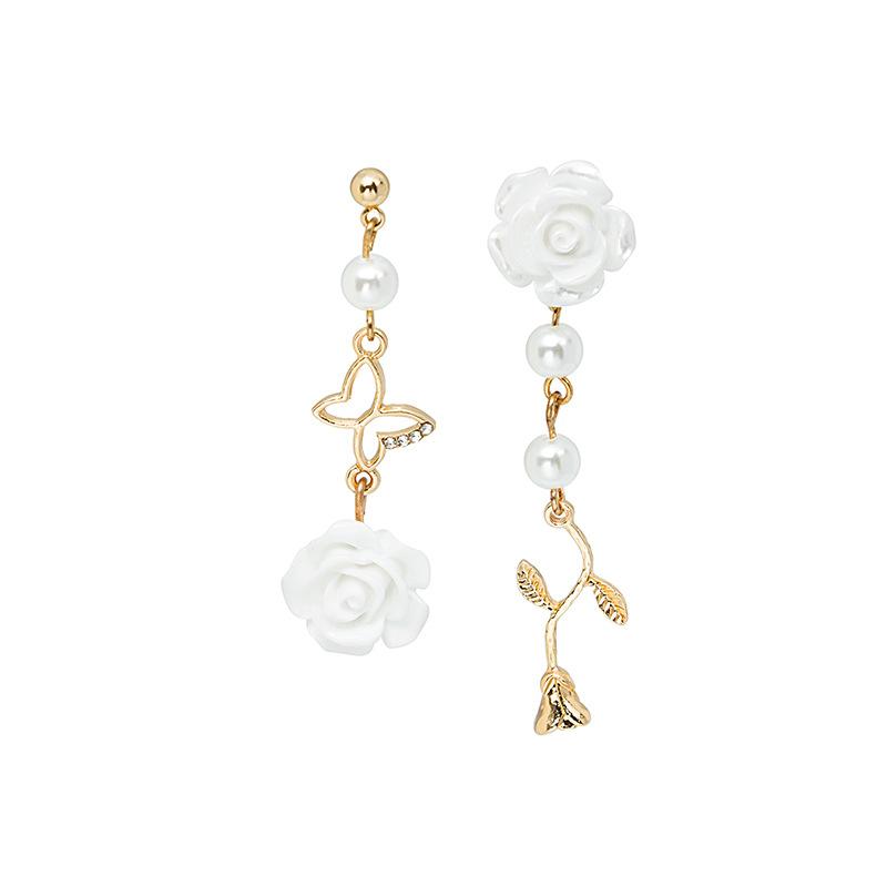French Rose Pearl Earrings, Gentle Asymmetrical Flower Earrings Hollow Diamond Butterfly Earrings