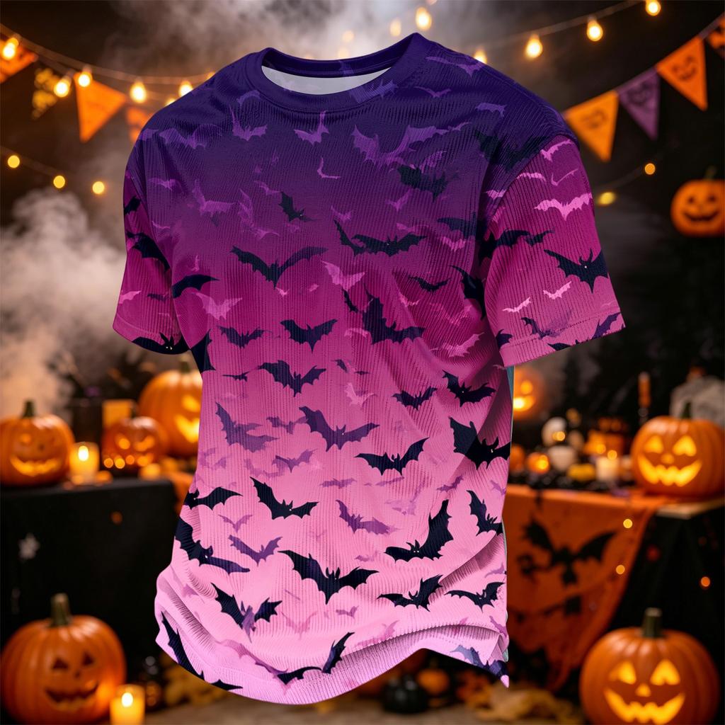 Herren Freizeit-Corduroy-Kurzarmhemd Leicht Atmungsaktiv Rundhalsausschnitt Oberteil Halloween-Muster Design Bequeme Passform