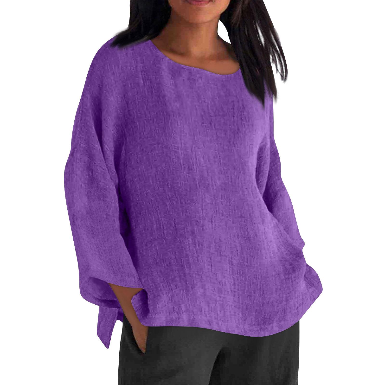 

Long Sleeved Round Neck Solid Color Top Cotton and Linen Women’s Blouses & Shirts XXL фіолетовий