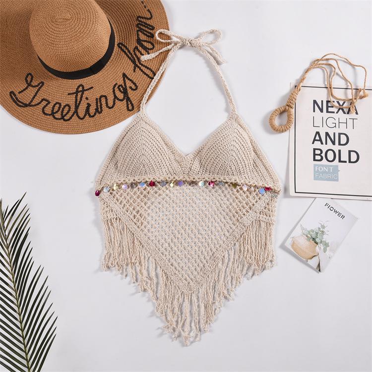 Lace-up Neck Small Vest, Sling Women's Summer Short Style with Chest Pad Inside, Backless Hollow Tube Top Embroidered Vest
