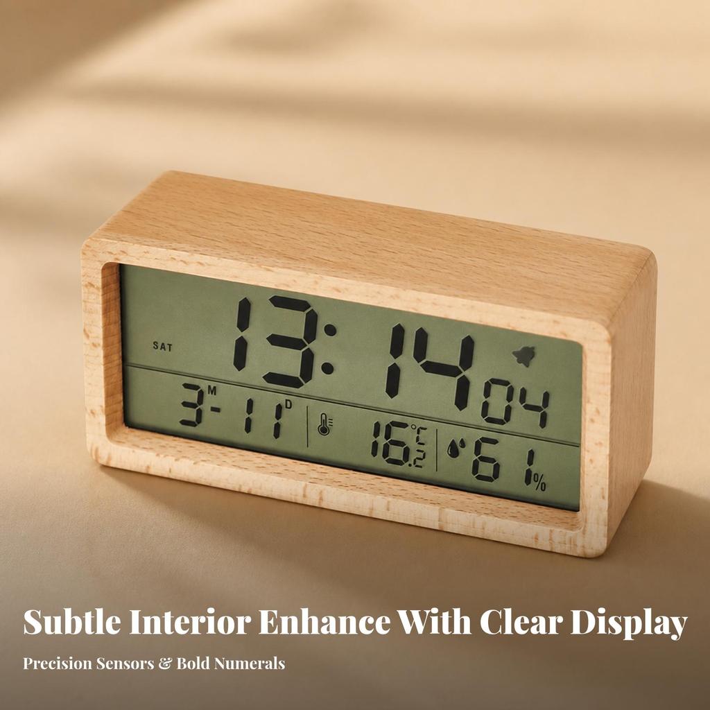 Digital Alarm Clock Easy to Read Wooden Compact for Nightstand