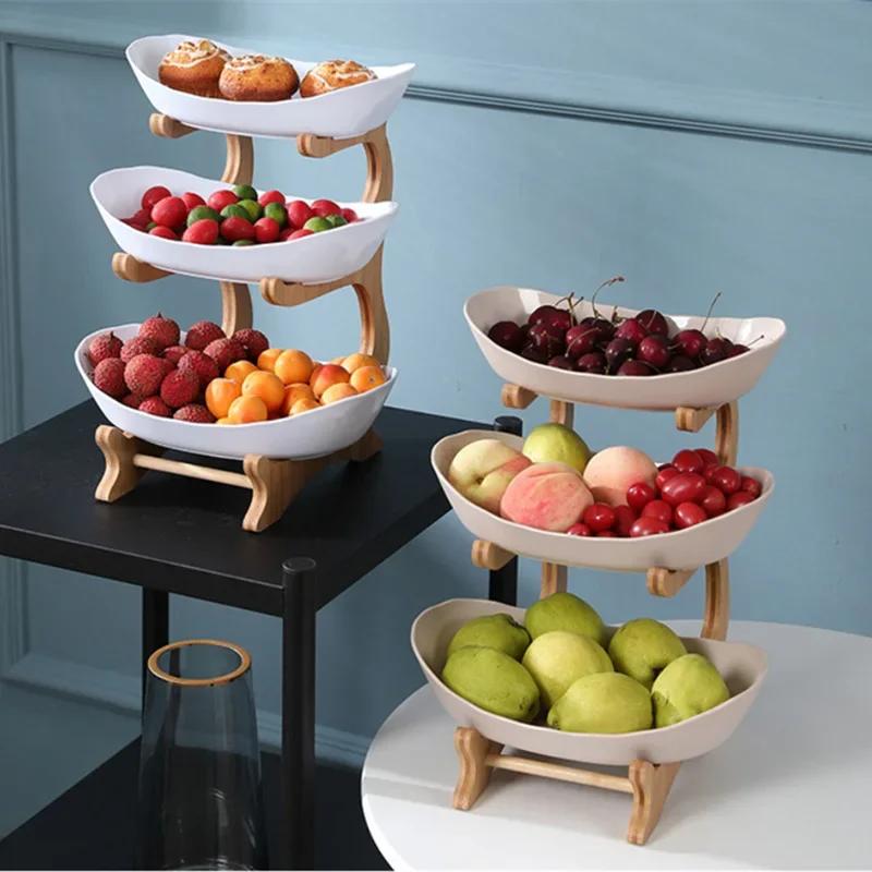 2/3 Layer Table Plates Dinnerware Wooden Kitchen Fruit Bowl with Floors Partitioned Dish Candy Cake Trays Fruit Plate Salad Bowl
