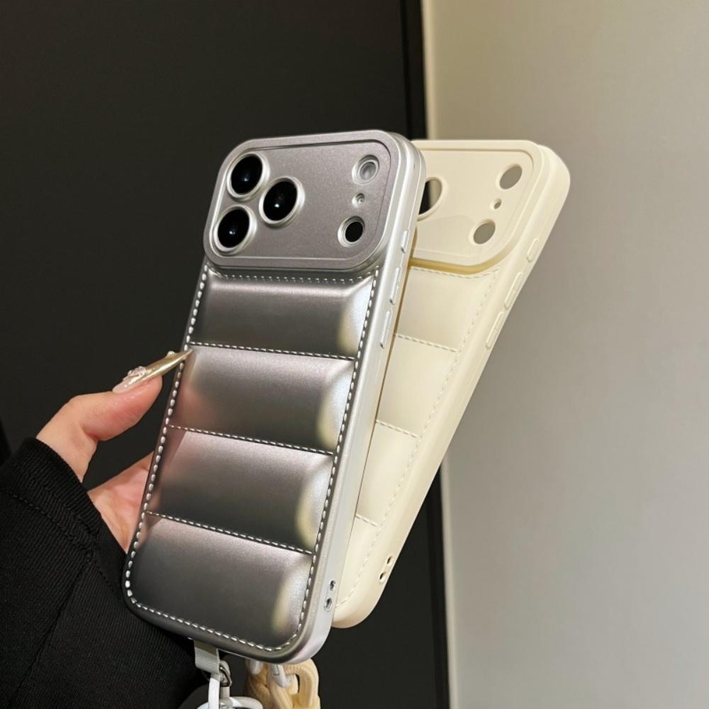 Fashion Down Jacket Lanyard Crossbody Case for iPhone 17 16 15 Pro Max 14 Plus 13 12 11 Air X Xr Xs Long Strap Solid Color Cover