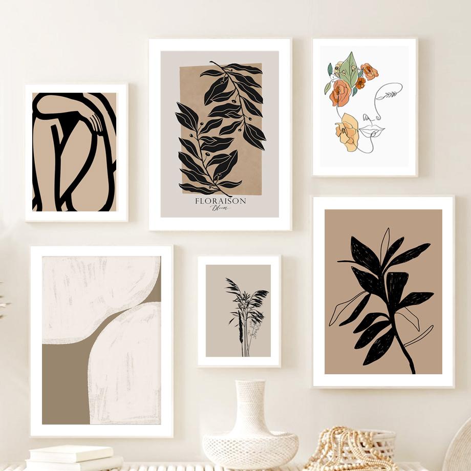 Pósteres y grabados minimalistas nórdicos con líneas abstractas de flores y plantas, arte de pared, pintura en lienzo, imágenes para decoración de sala de estar
