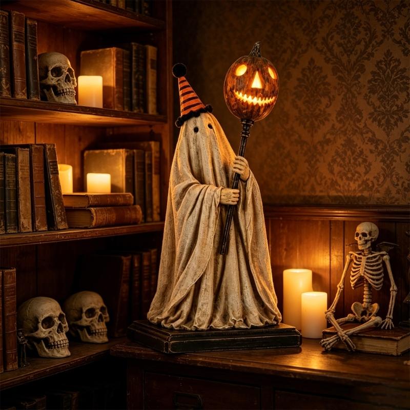 Halloween-Dekorationen Geisterhafte Statue Saisonale Herbstfigurine mit Warmem Lichtakzent für Regal, Eingangstisch und Innenraum-Styling und Präsentationsbereich