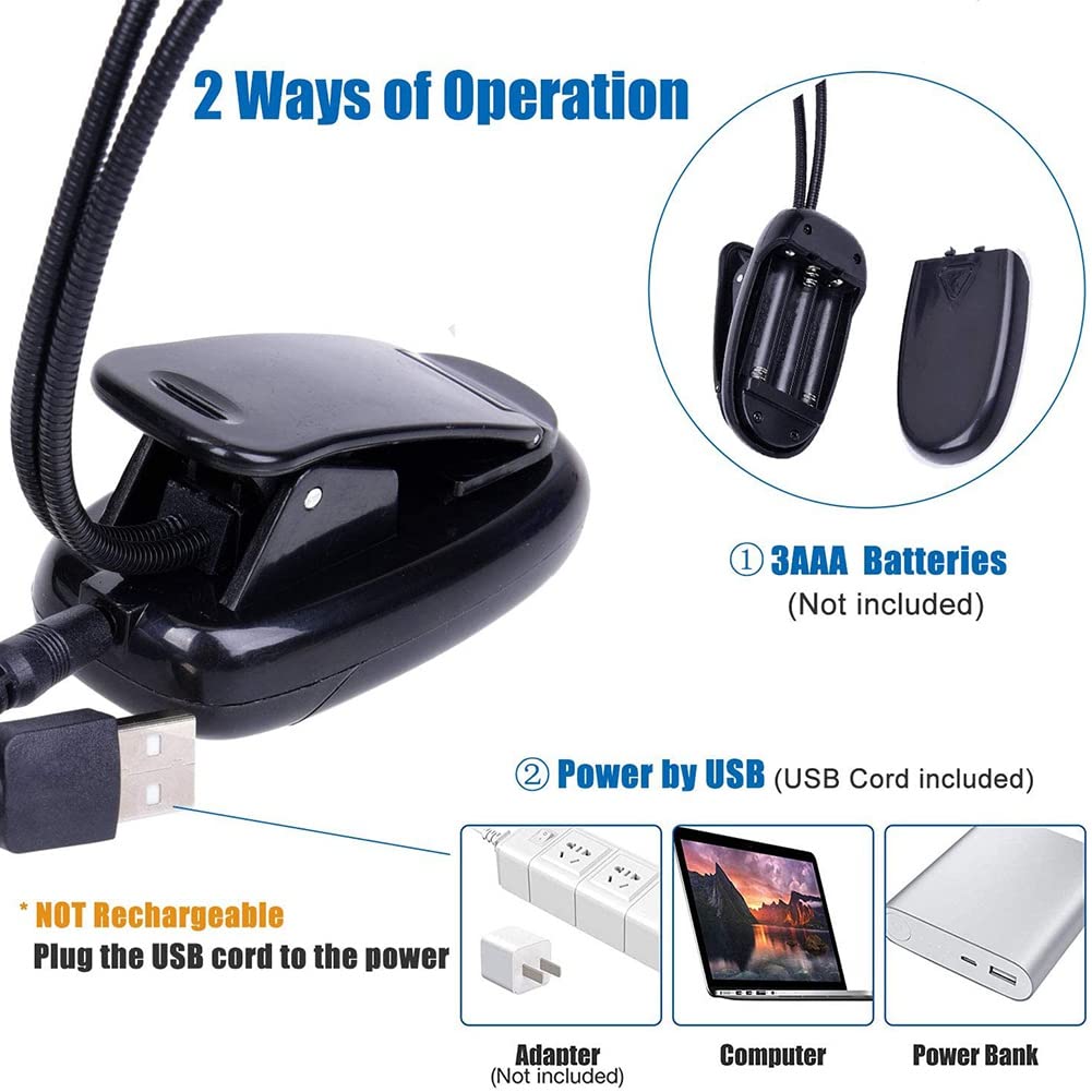 Ahvqevn 2pcs Music Stand Light Clip-on LED Book Light Dual Arm Reading Lamp for Bedside Books 360 Degree Adjustable Clip