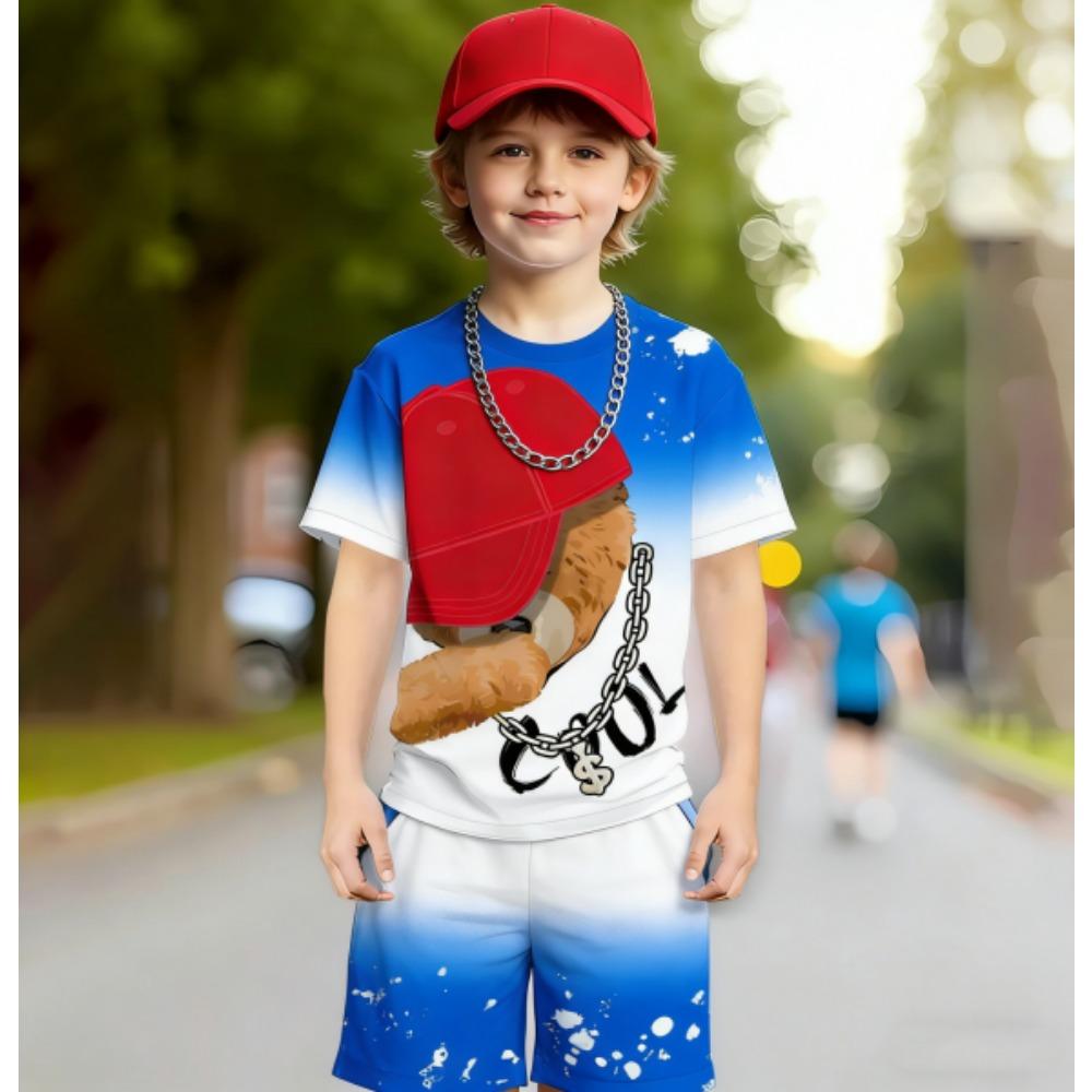 Europe and America Hip Hop Bear Men's Set Summer Men's T-shirt and Shorts 2 Piece Set Outdoor Casual Men's and Women's Outfit