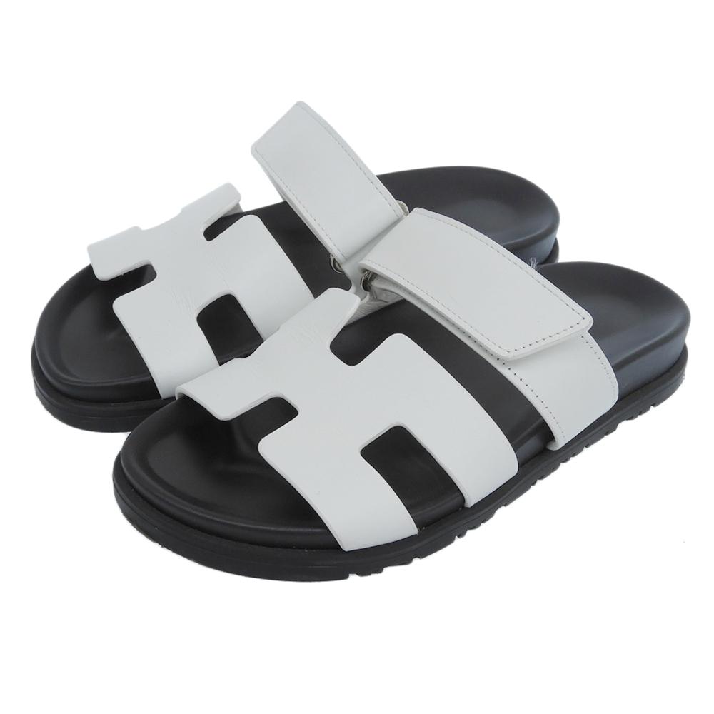 HERMES Chypre Flat Leather H Sandals, Women's, White, Size 36 shoes 36 whiteUsed