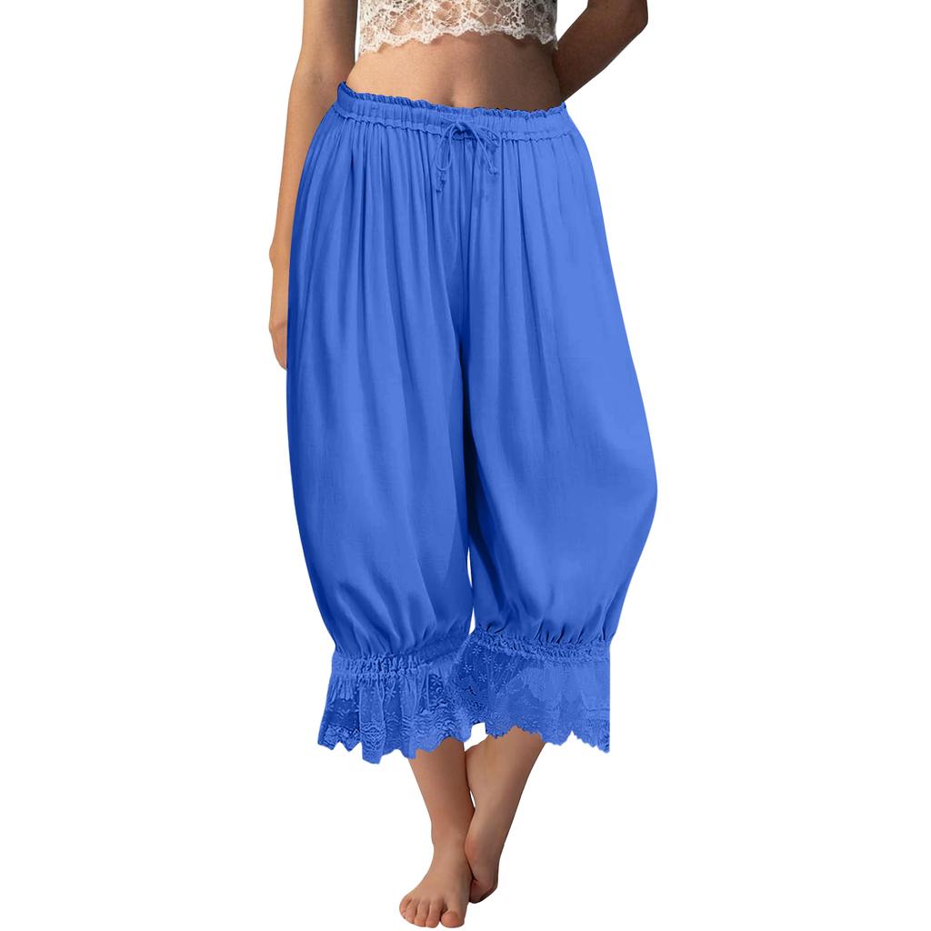 Damen Spitzenbesetzte Lange Rüschen Vintage Weitbein Hose Sommer Strand Reise Urlaubshose