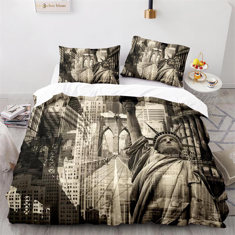American City Landscape Duvet Cover Set Statue of Liberty Pattern King Queen Size Comforter Cover for Teen Polyester Bedding Set