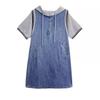 2025 Summer New Medium and Long Straight Skirt Loose and Thin Splicing Hooded Large Size Sweater Denim Dress Women