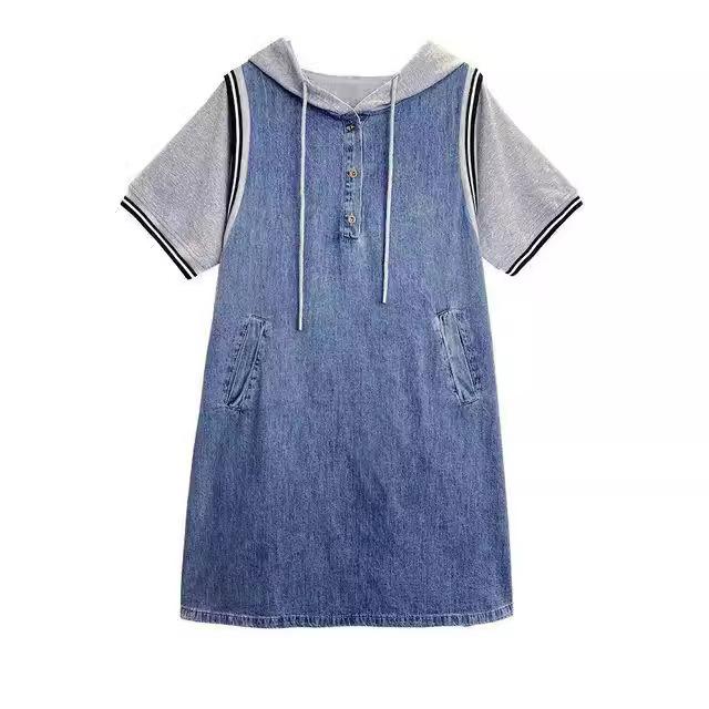 2025 Summer New Medium and Long Straight Skirt Loose and Thin Splicing Hooded Large Size Sweater Denim Dress Women