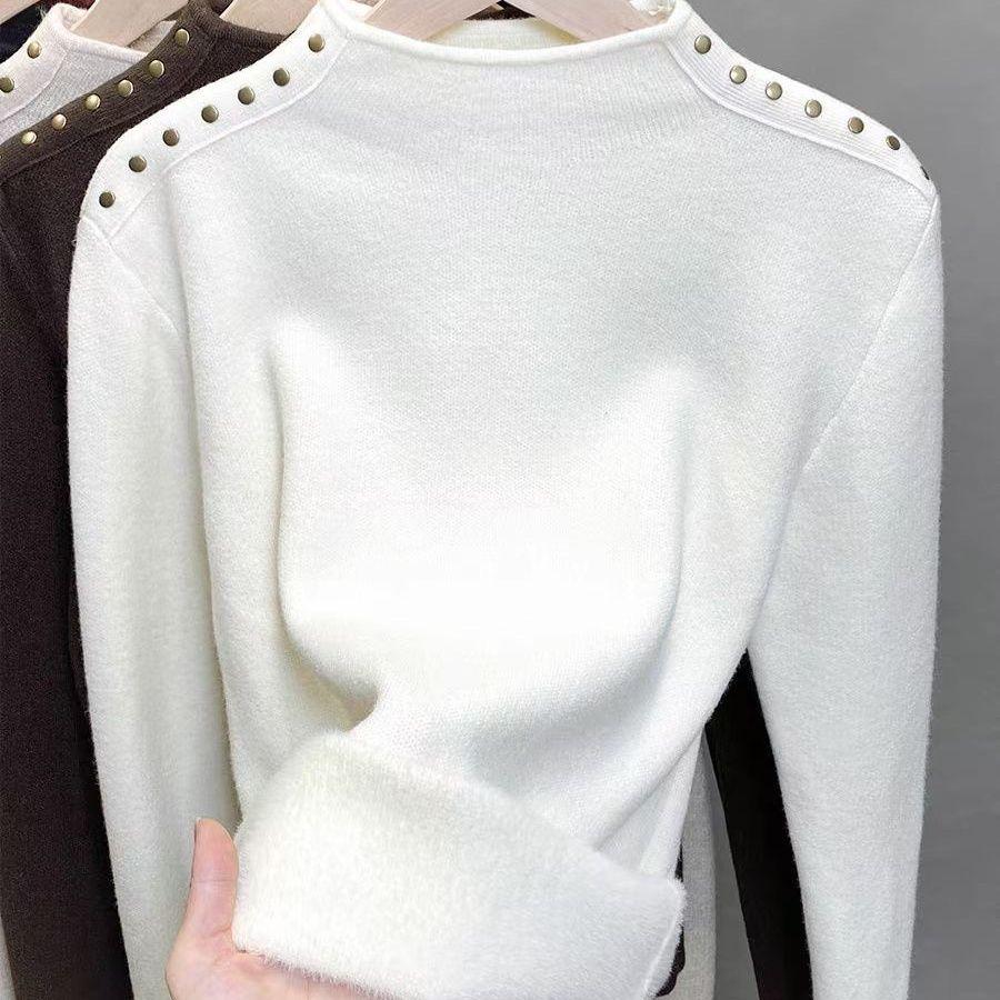One Piece Velvet High Neck Sweater with Thick Velvet Base for Women Winter Rivet Knitted Sweater with Inner Top