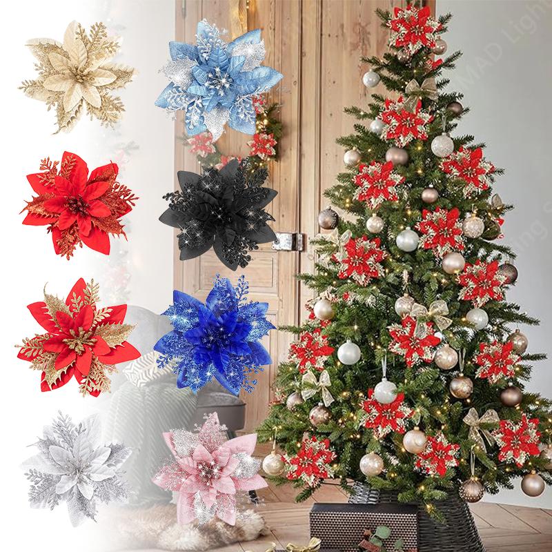10/30/50PCS Glitter Christmas Flowers Fake Flower Tree Decorations 2026 Home Tree Pendant Ornaments Navidad New Year Gift