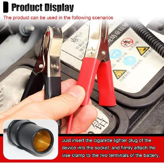 12 Inch Cigarette Lighter Extension Cord, 12V Car Battery Clamp-on Extension Charge Cable, Battery Alligator Clip to Female Cigarette Lighter Socket,
