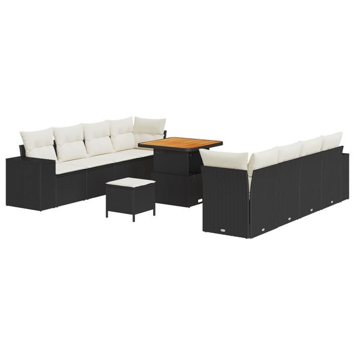 Ensemble de canapés de jardin de 11 pièces avec coussins en rotin poly noir Acacia, Ensemble de salle à manger de jardin 3361975