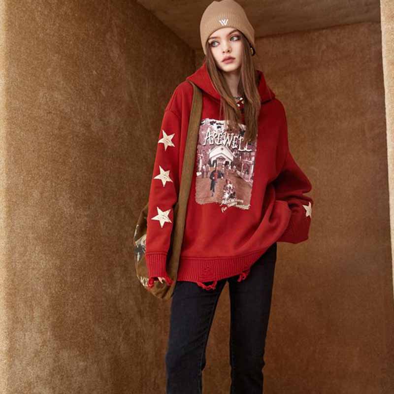 

Плюшевый свитер красного цвета для женщин, осенне-зимний свитер с капюшоном, дизайн Sense Top, одежда для ношения внутри и снаружи L красный