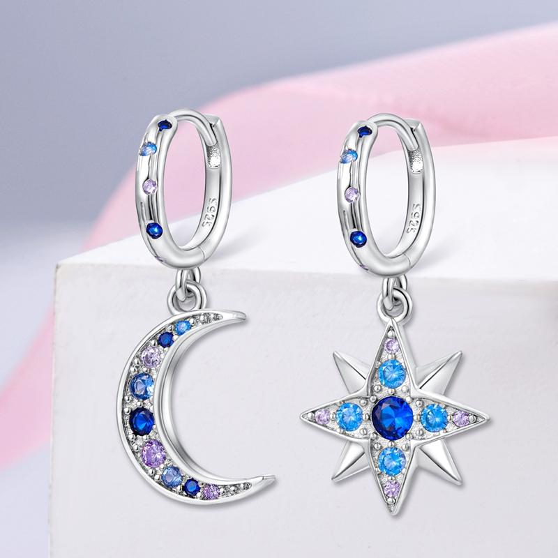 925 Sterling Silber Ohrringe für Damen Mädchen Ohrbügel Funkelnder Sonne Mond Sternenhimmel Ohrring Mode Party Schmuck Geschenk Zubehör