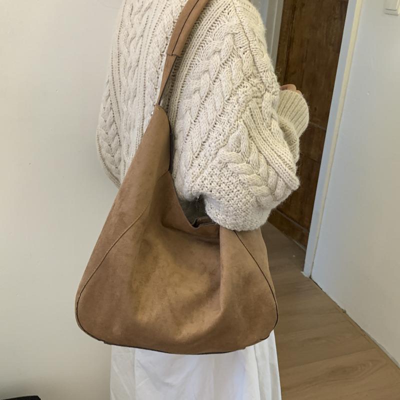 Suede Hobo Bag with Open Top Design Large Capacity Everyday Fashion Shoulder Bag
