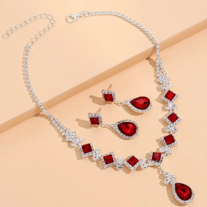

Necklace Earrings Set Teardrop Cubic Zirconia Pendant Necklace Elegant Wedding Jewelry for Prom Party Shower Gift красный