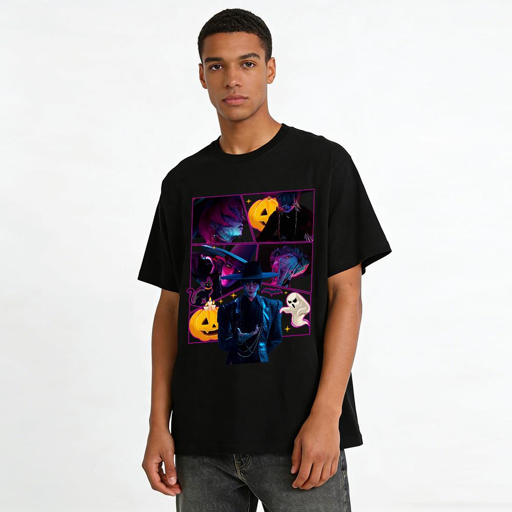 Halloween Dark Style Patchwork Print Top Gothic Character Fun Element Casual Loose T-Shirt Pure cotton T-shirt