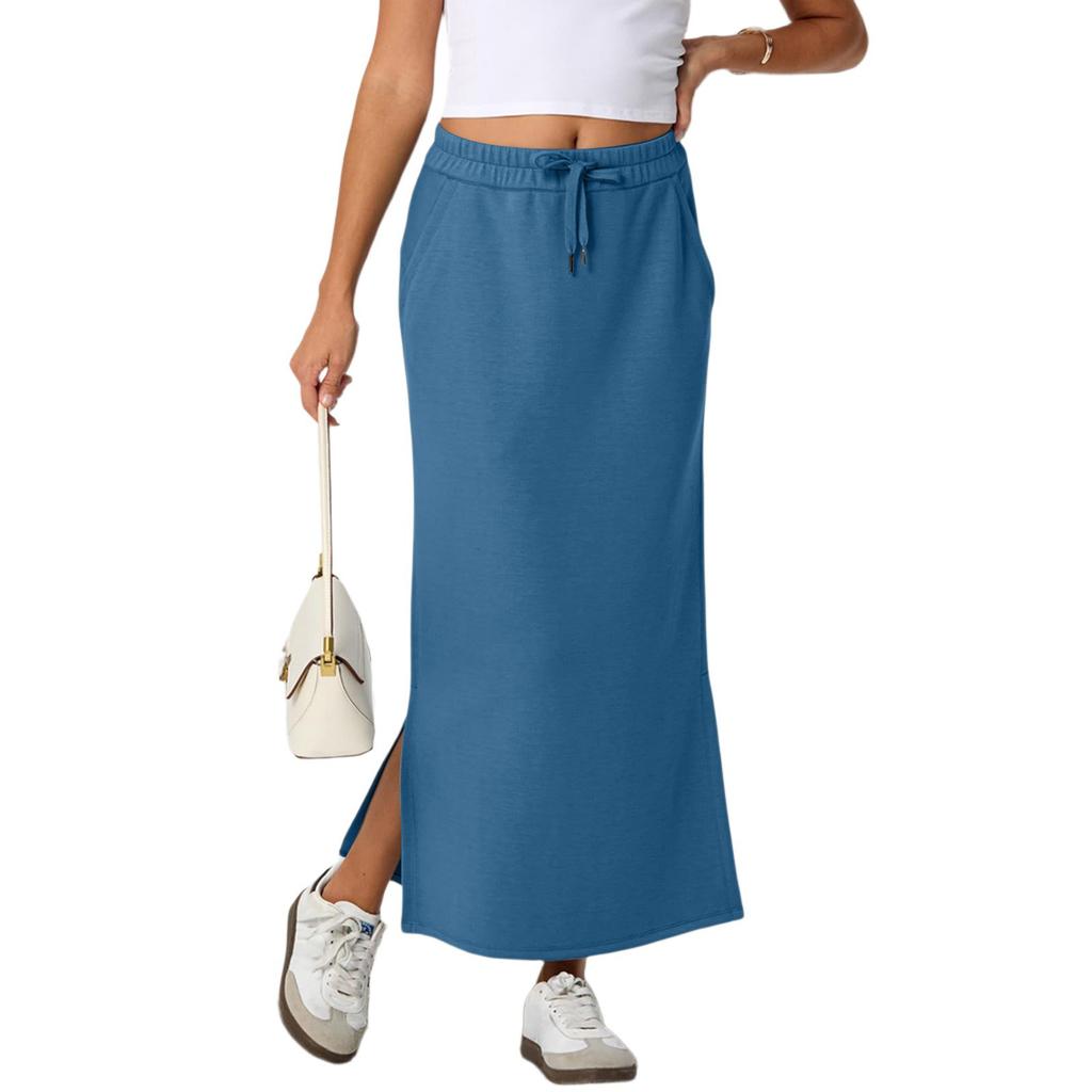 Womens Casual Maxi Skirts  High Waist Trendy Drawstring Side Slit Skirts With Pockets