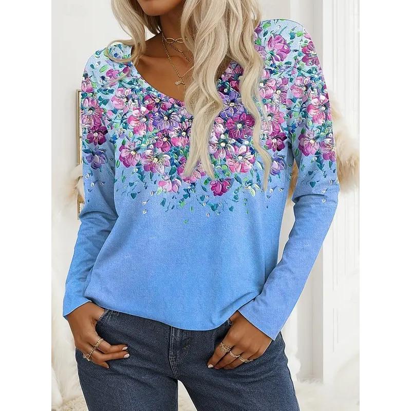 Spring and Autumn V-neck Flower Pattern 3D Printed Top Fashionable Casual Long Sleeved Women's T-shirts