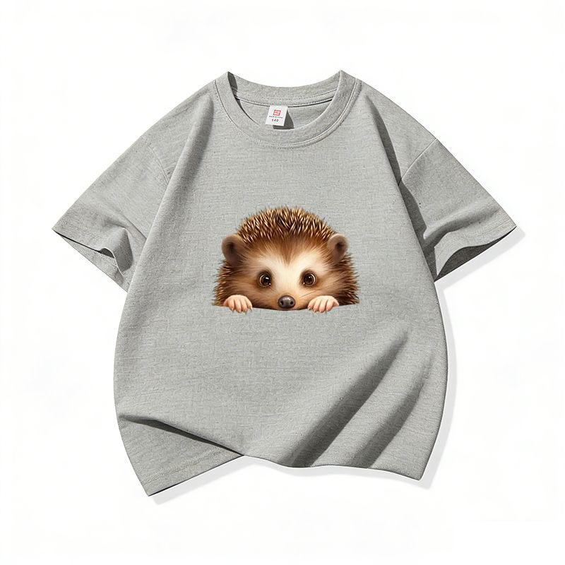 Kids Cotton T Shirt Cute Peeking Hedgehog Print Crew Neck Short Sleeve Tee Casual Breathable Boys Girls Summer Tops