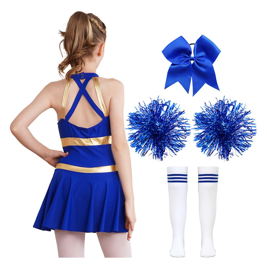 Kids Girls Cheerleading Outfits Letter Print Patchwork Sleeveless Dance Dress Bowknot Headwear Hand Flowers Striped Tube Socks