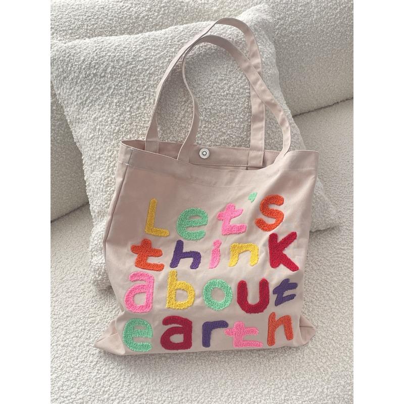 Colored Letter Embroidery Lazy Art Canvas Bag Commuter Versatile Large Capacity Student Shoulder Bag