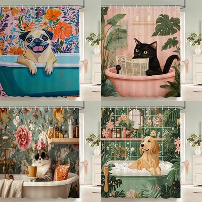 Nordic Style Flowers Leaves Animals Shower Curtain Cat and Dog Printed Bathroom Bath Curtain Home Decoration Curtain With Hooks