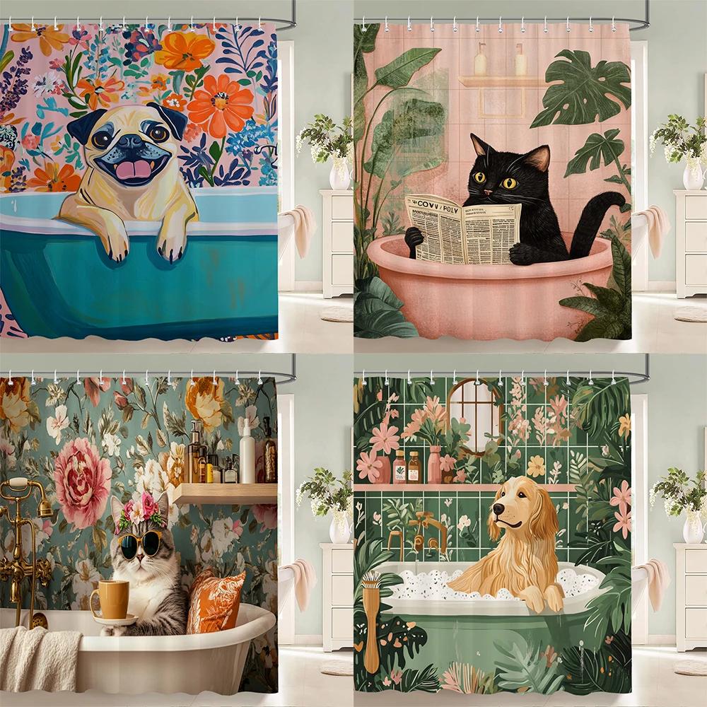 Stil Nordic Flori Frunze Animale Perdea de Duș Pisică și Câine Imprimată Perdea de Baie pentru Baie Decor Acasă Perdea cu Cârlige