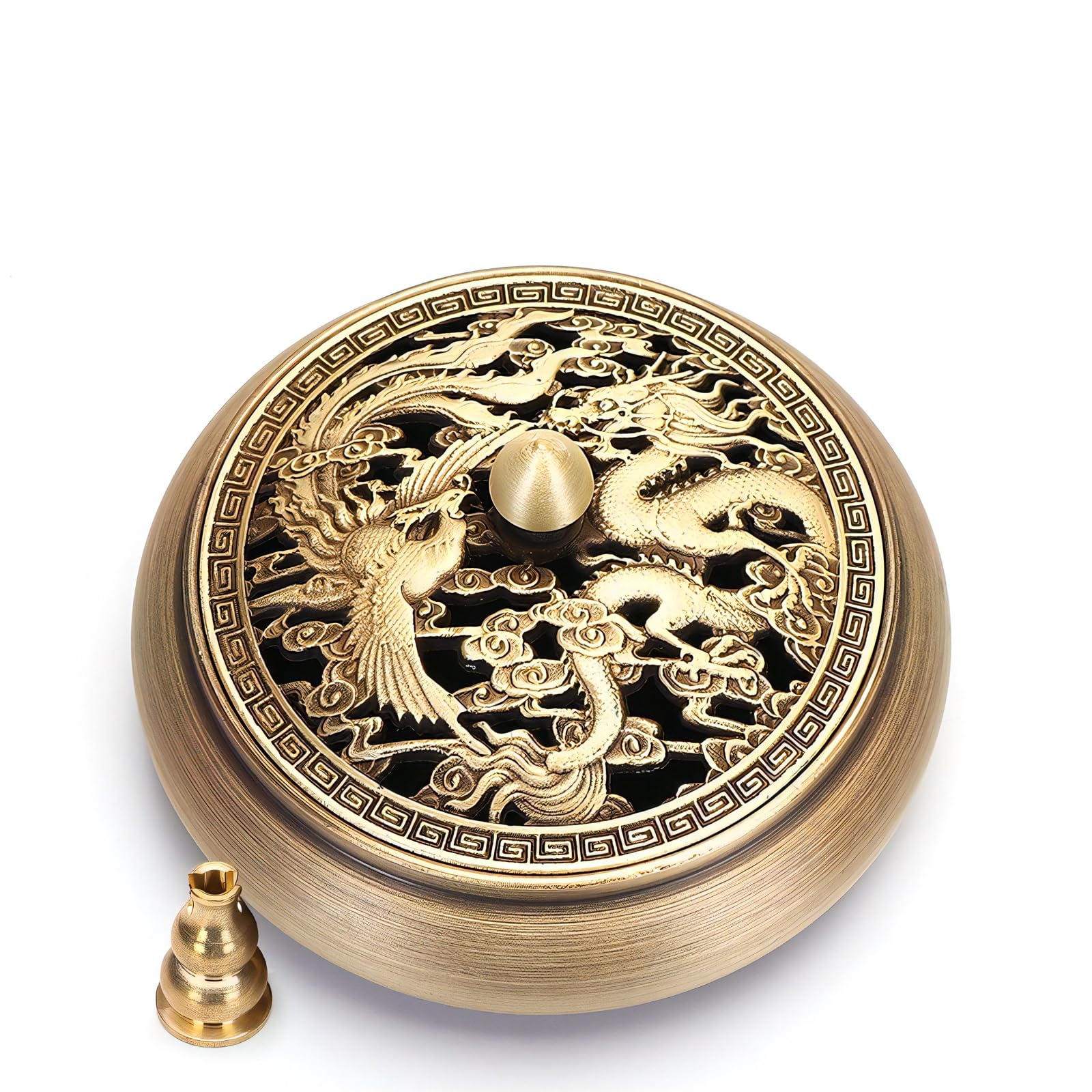 

azumafy Incense Burner, Incense Holder, Copper, Antique-Style, Round, with Lid, Perfect for Tea Ceremony, Meditation, Buddhist Altars, and