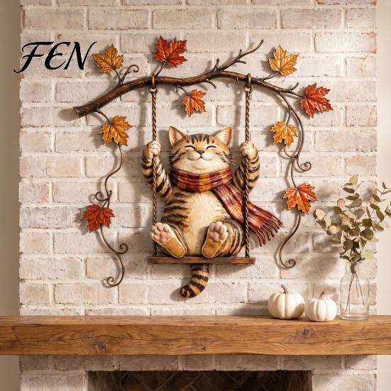 Autumn Theme Door Decorations Cat Metal Wall Decor, Fall Tin Sign Plaque, Swing Indoor Outdoor Art Decoration for Thanksgiving Harvest Festival,