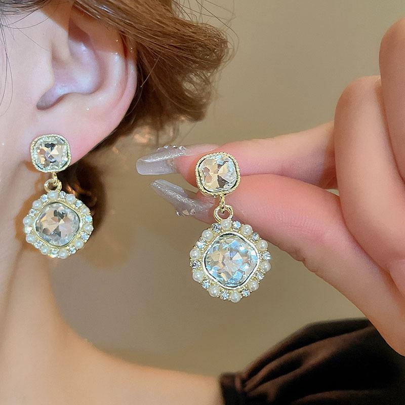 French Vintage Diamond Imitation Pearl Geometric Silver Needle Earrings Court Earrings