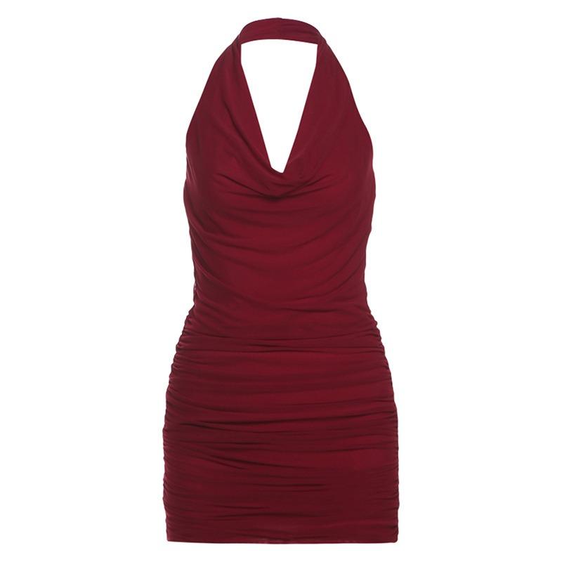 Women's Sexy Fashion Royal Sister Wind Hanging Neck Swing Back Slim Pleated Dress