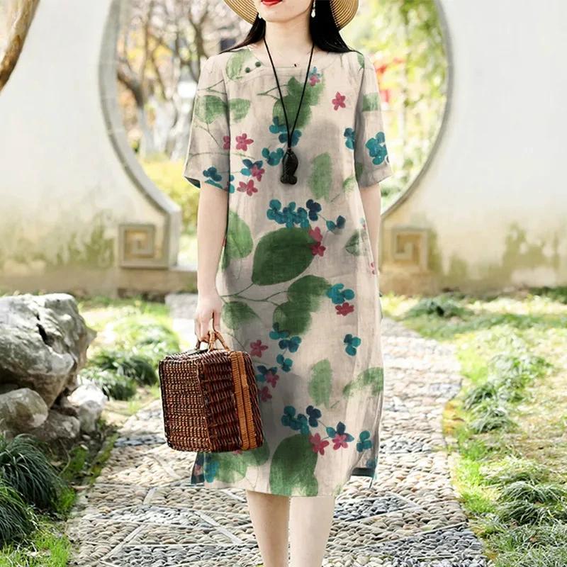 

Женское летнее миди-платье с круглым вырезом и короткими рукавами, повседневное платье с цветочным принтом, пляжный сарафан 3XL зелёный