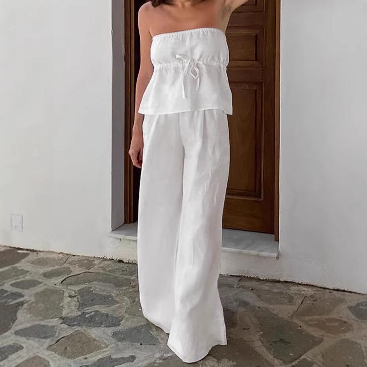 1116 European and American Summer Vacation Style New White Tube Top Cotton and Linen Vest Trousers Set Fashionable Two-piece Set