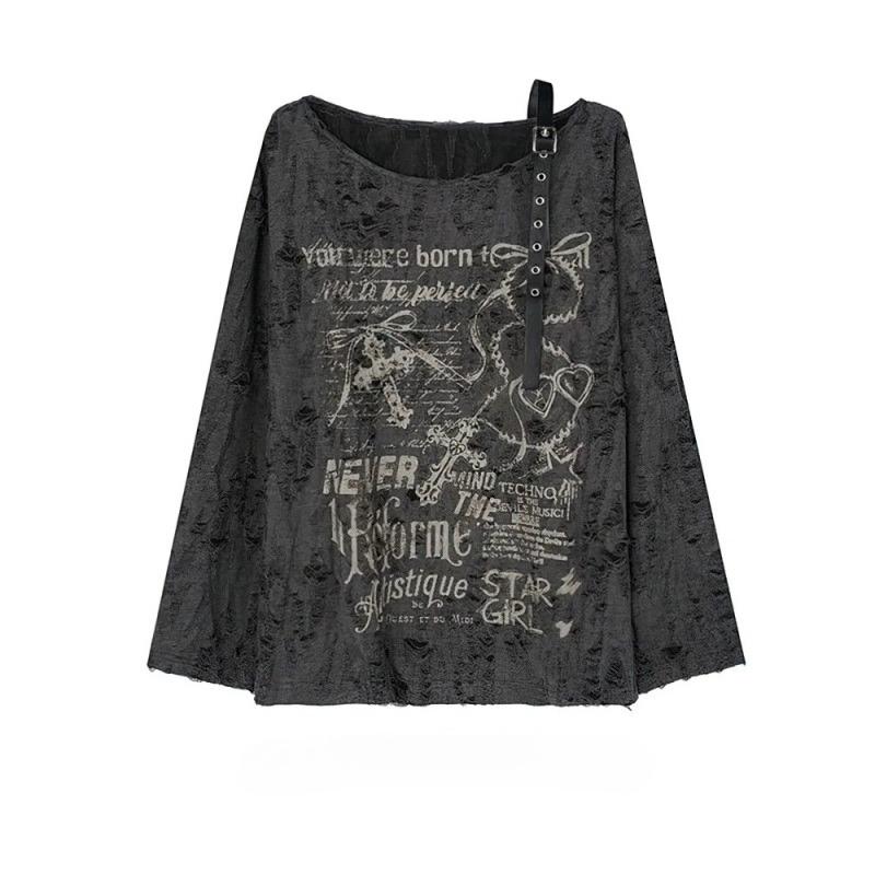 

2KWEIRD Винтажные рубашки Y2K оверсайз для женщин, диагональный воротник, длинный рукав, открытые плечи, с принтом, повседневные топы, уличная одежда, футболка L чёрный