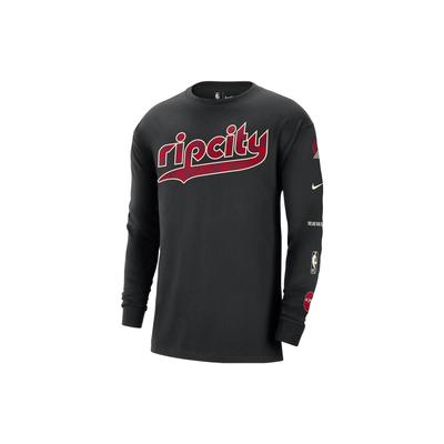 Portland Trail Blazers 2023/24 Miesto Edition raidžių rašto spausdinti apvalios apykaklės ilgomis rankovėmis marškinėliai vyriški viršutiniai drabužiai juodi FN1125-010