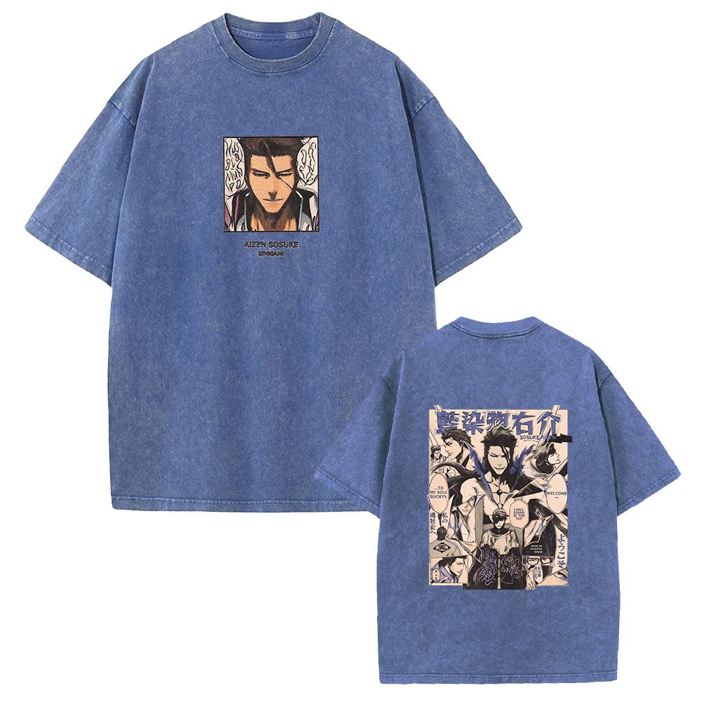 BLEACH Aizen Sousuke T Shirt Vintage Trendy Washed Tshirt Men Unisex Clothing Summer Short Sleeve Oversized Cotton Streetwear