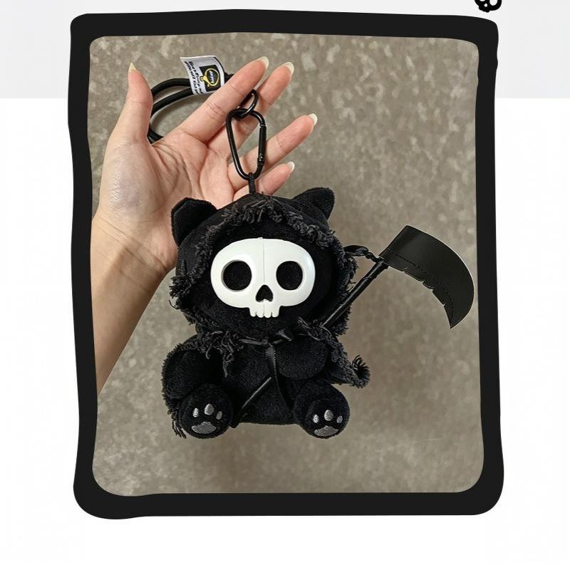 Grim Reaper Cat Plush Keychain Dark Style Skull Cat Doll Pendant With Scythe For Backpack Halloween Party Decoration Gift