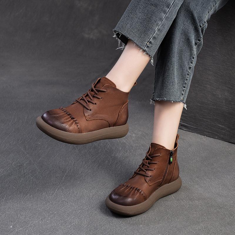Fashion GKTINOO 2025 Autumn New Retro Genuine Leather Short Boots Round Toe Solid Color Comfortable Sneakers Flat Bottom Women's Shoes