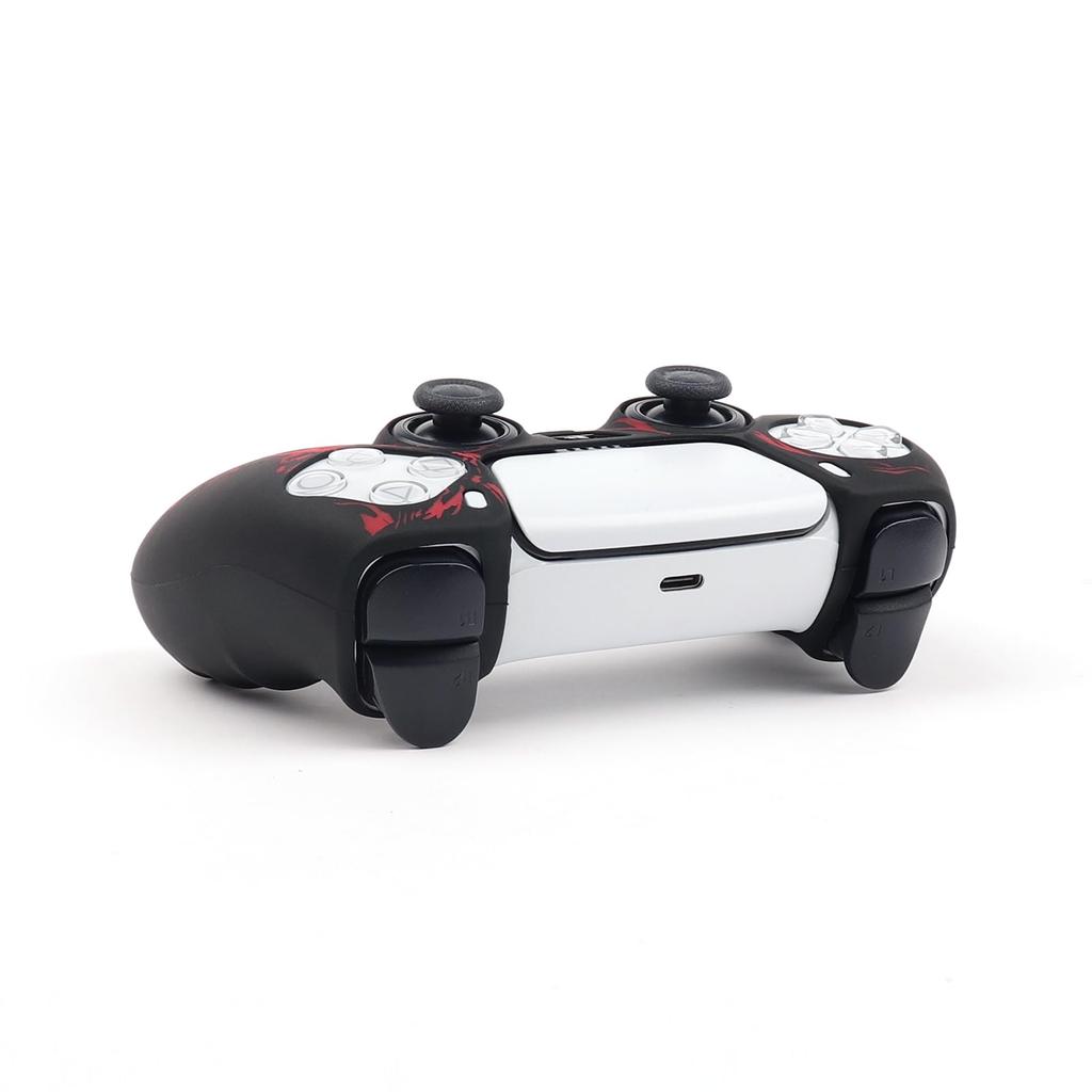 RALAN PS5 Controller DualSense Compatible with Silicone Joystick Caps, Non-Slip, Black, Perfect Fit, Ergonomic Design (Black and Red Wolf)