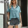 GMXIA Women's Fashion Casual Leisure Solid Color Print Short Sleeve POLO Neck Blouses & Shirts